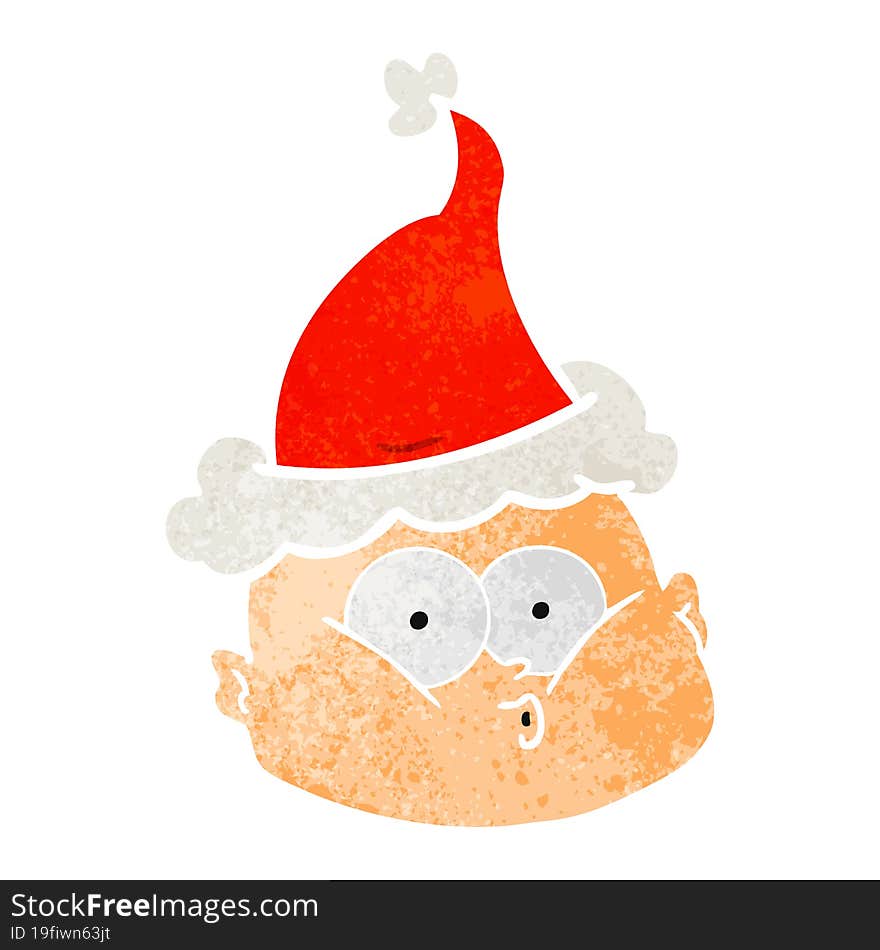 hand drawn retro cartoon of a curious bald man wearing santa hat