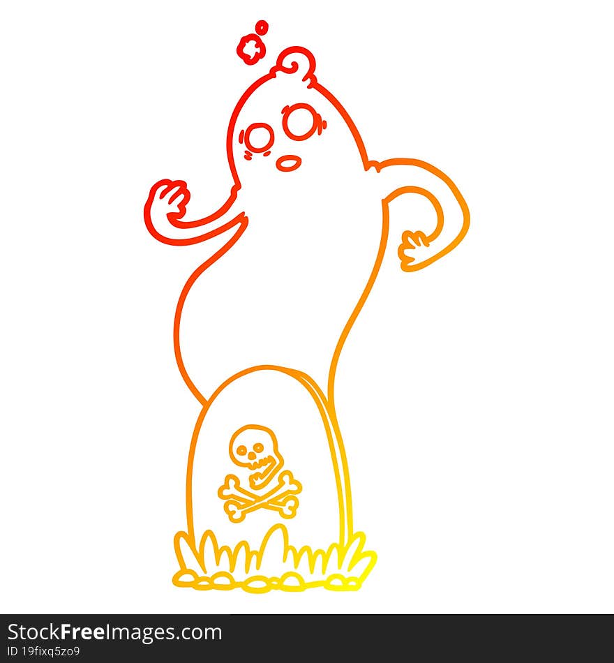 warm gradient line drawing spooky cartoon grave with rising ghost