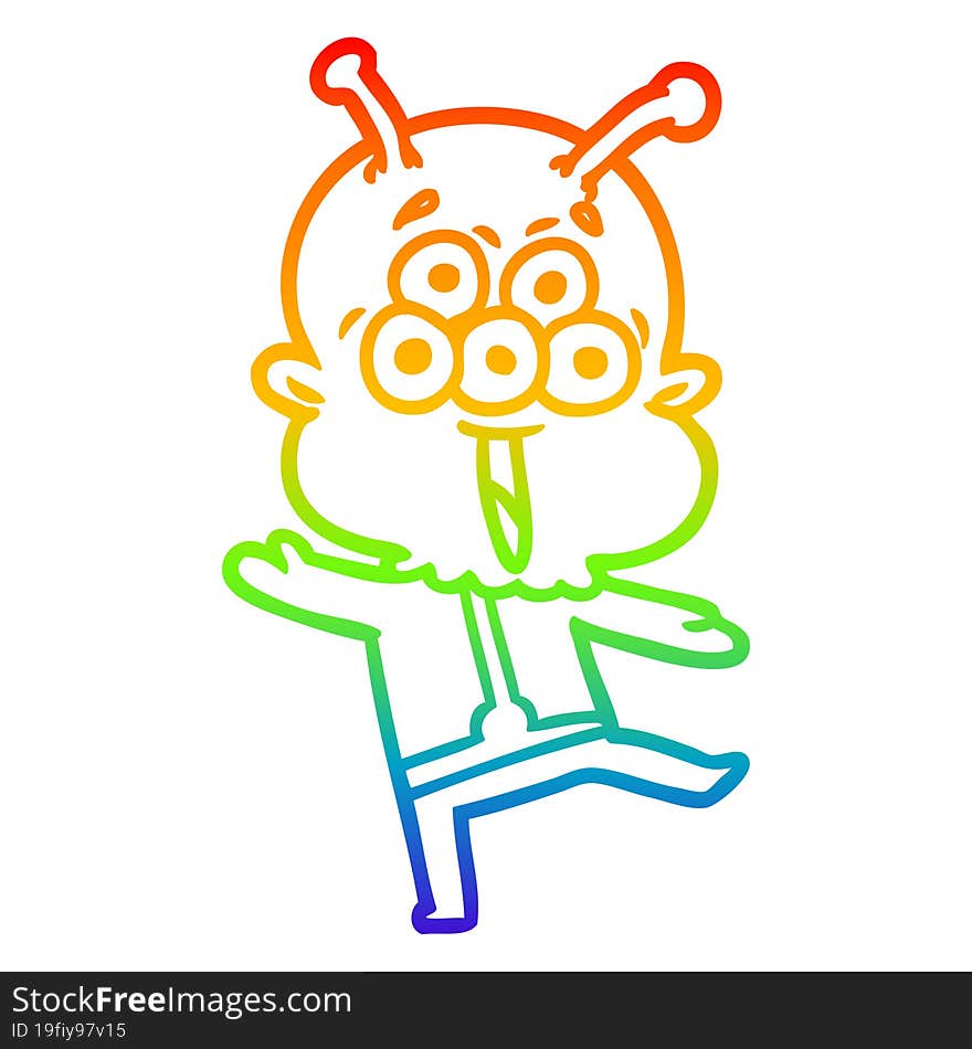 rainbow gradient line drawing of a happy cartoon alien dancing