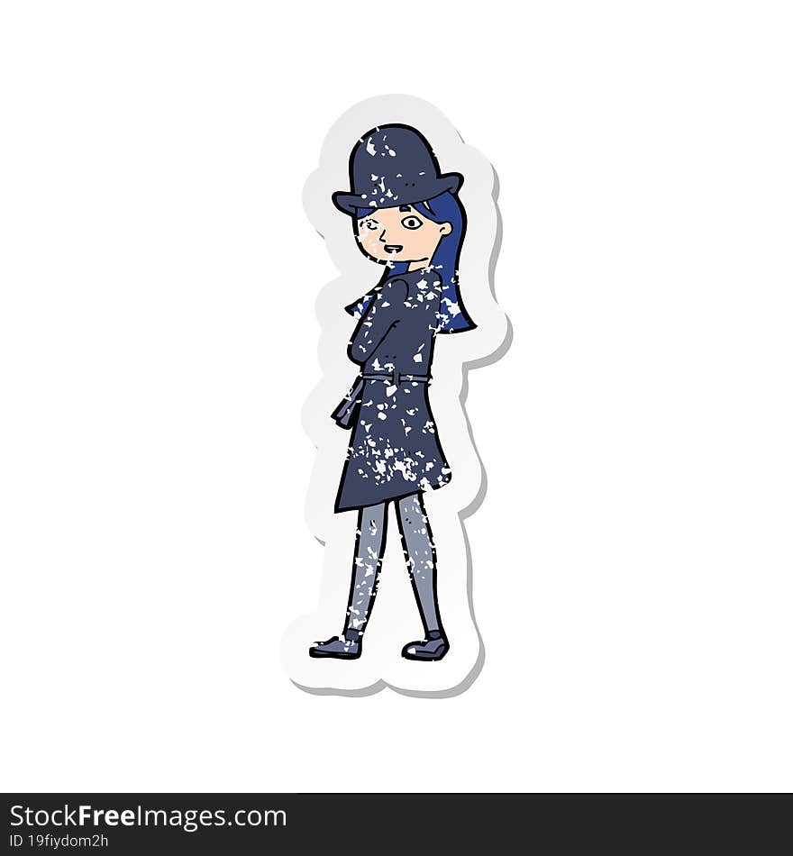 retro distressed sticker of a cartoon woman wearing sensible hat