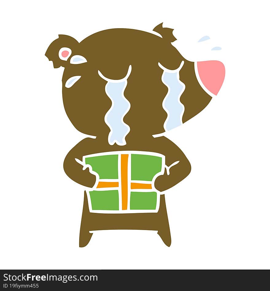 flat color style cartoon crying bear with present