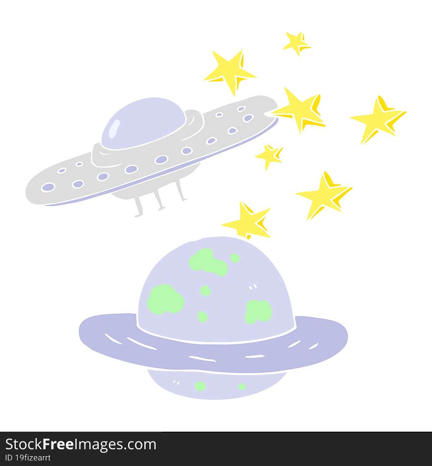 Flat Color Illustration Of A Cartoon Flying Saucer And Planet