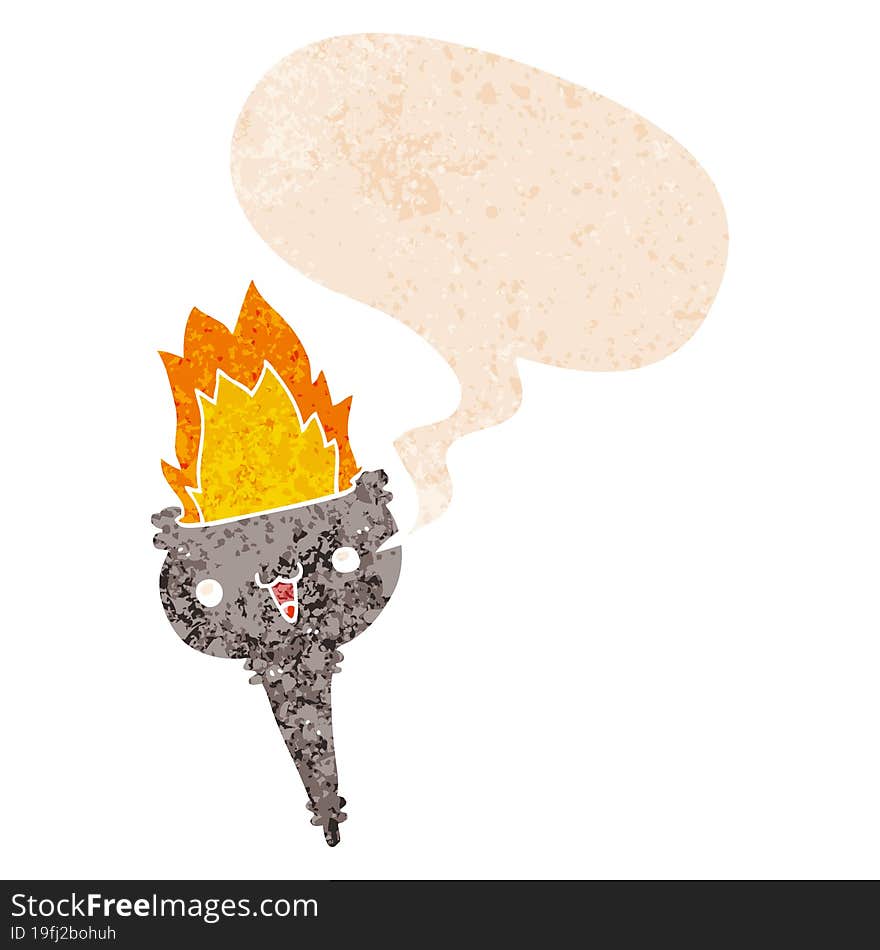 cartoon flaming chalice and speech bubble in retro textured style