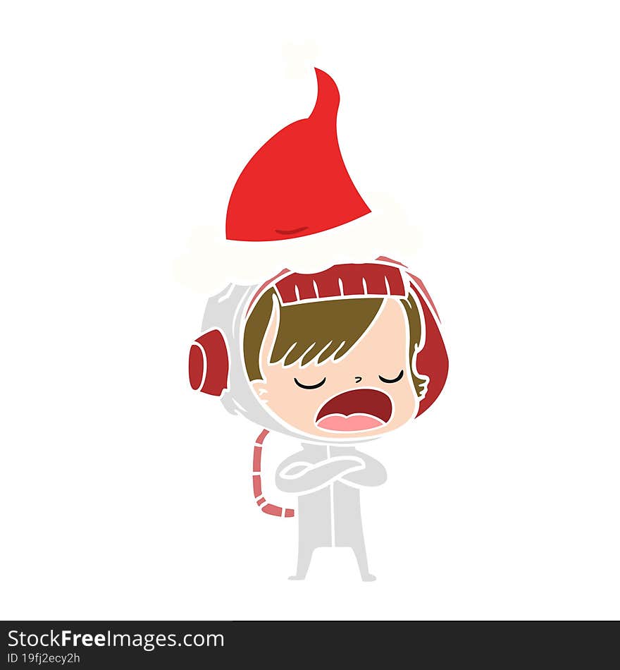 flat color illustration of a astronaut woman explaining wearing santa hat