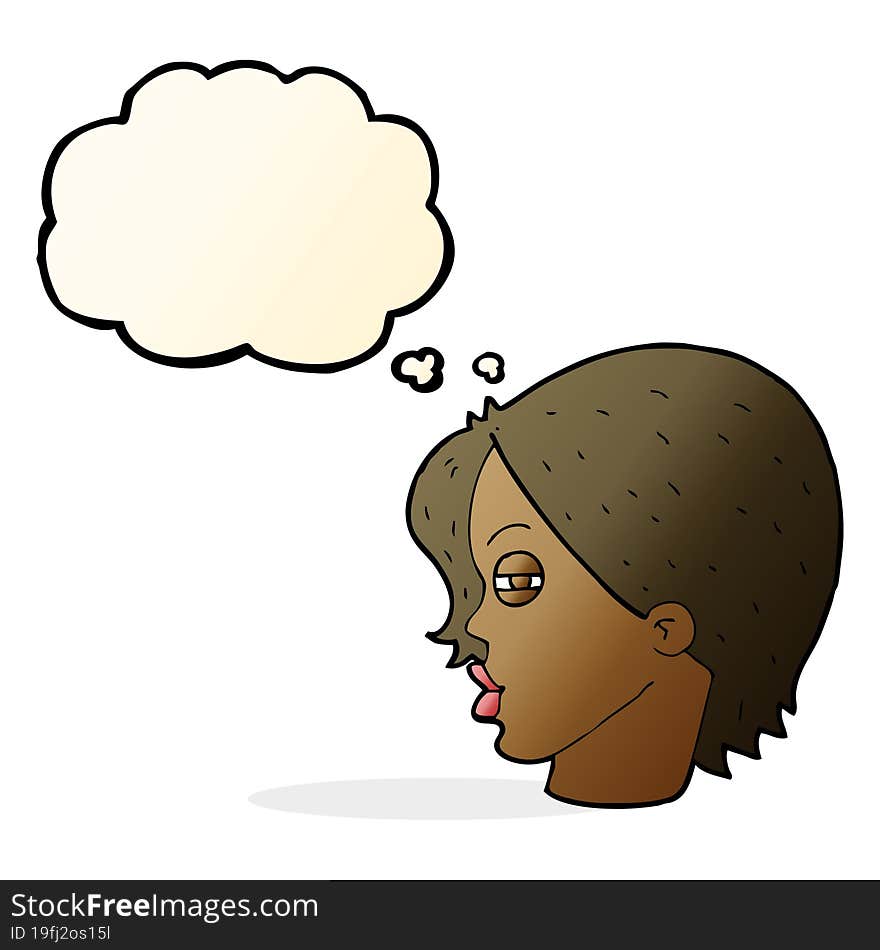 cartoon female face with narrowed eyes with thought bubble