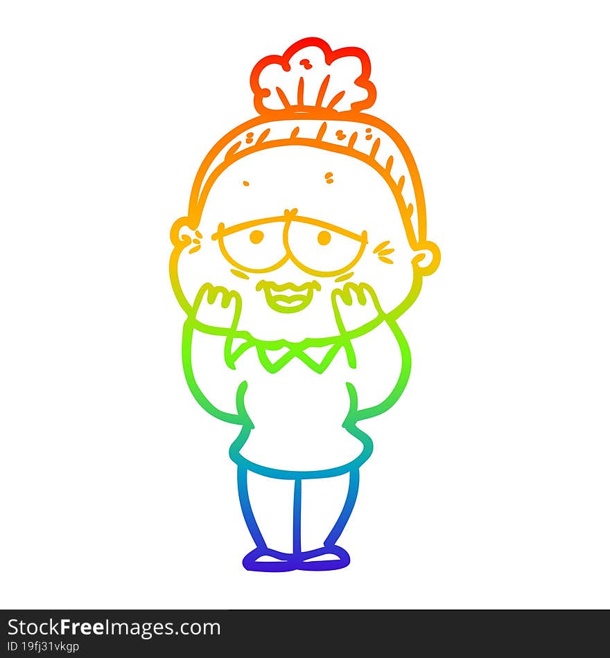 rainbow gradient line drawing of a cartoon happy old lady