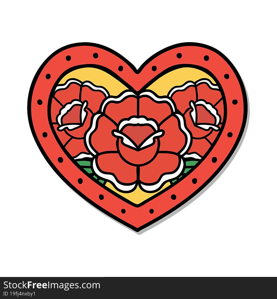 sticker of tattoo in traditional style of a heart and flowers. sticker of tattoo in traditional style of a heart and flowers