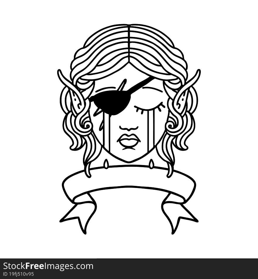 Black and White Tattoo linework Style crying elf rogue character face with banner. Black and White Tattoo linework Style crying elf rogue character face with banner