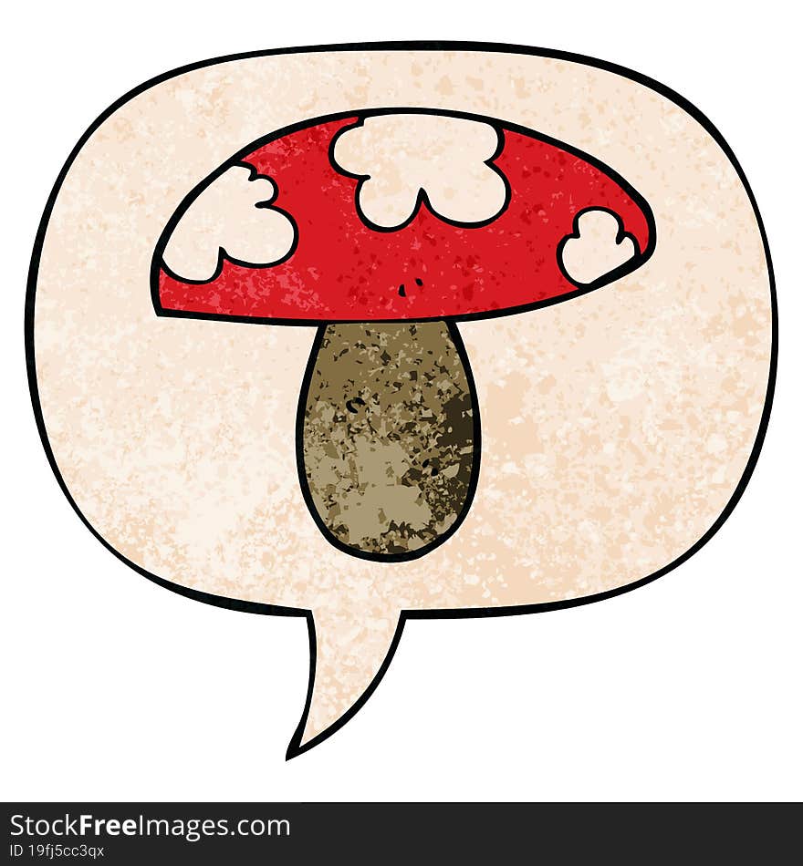 cartoon mushroom with speech bubble in retro texture style