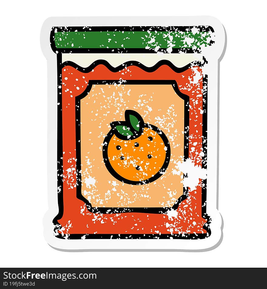 distressed sticker of a quirky hand drawn cartoon jar of marmalade