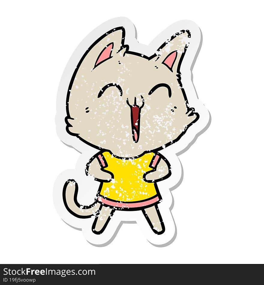 distressed sticker of a happy cartoon cat