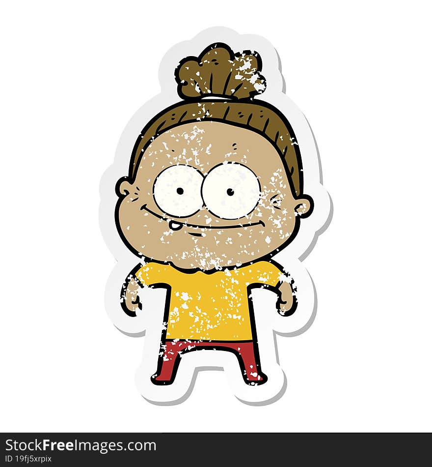 distressed sticker of a cartoon happy old woman