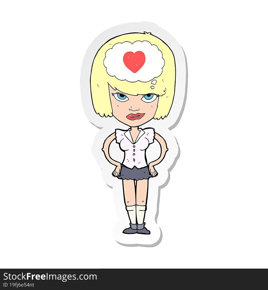 sticker of a cartoon woman thining about love