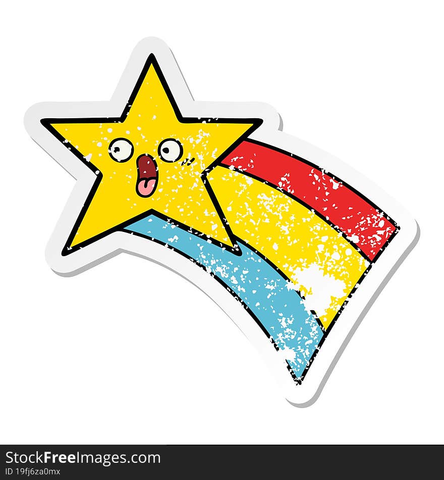 distressed sticker of a cute cartoon shooting rainbow star