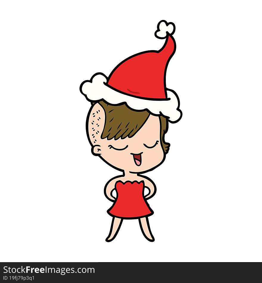 happy line drawing of a girl in cocktail dress wearing santa hat