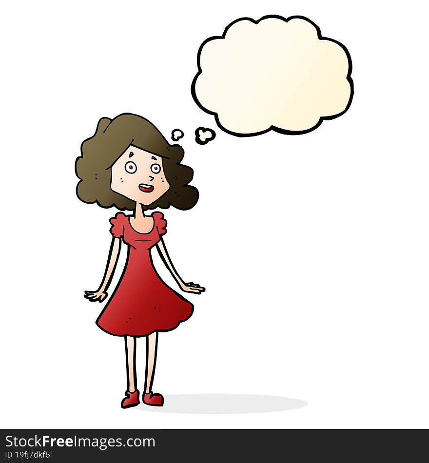 cartoon happy woman in dress with thought bubble