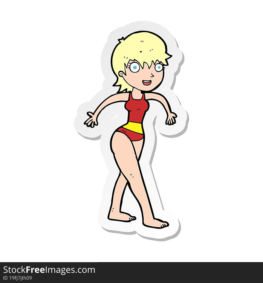 sticker of a cartoon happy woman in swimming costume