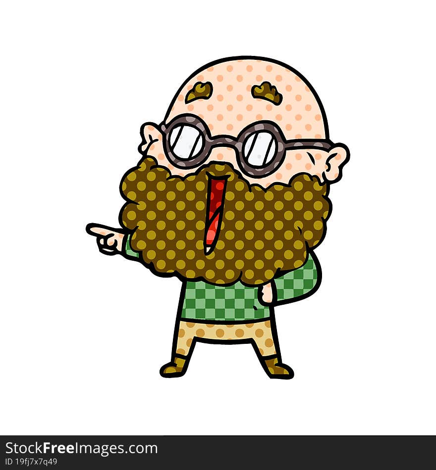 cartoon joyful man with beard pointing finger. cartoon joyful man with beard pointing finger