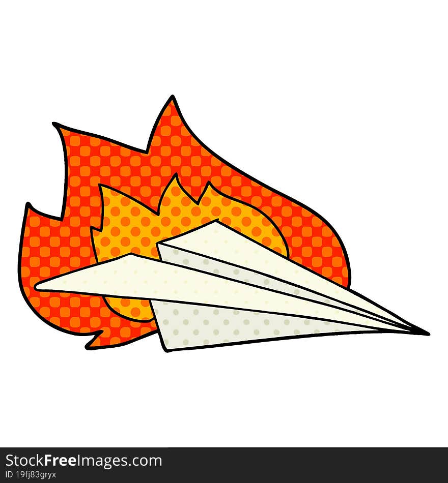 cartoon burning paper airplane. cartoon burning paper airplane