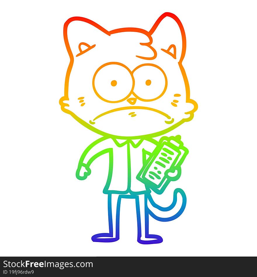 rainbow gradient line drawing cartoon cat with clipboard