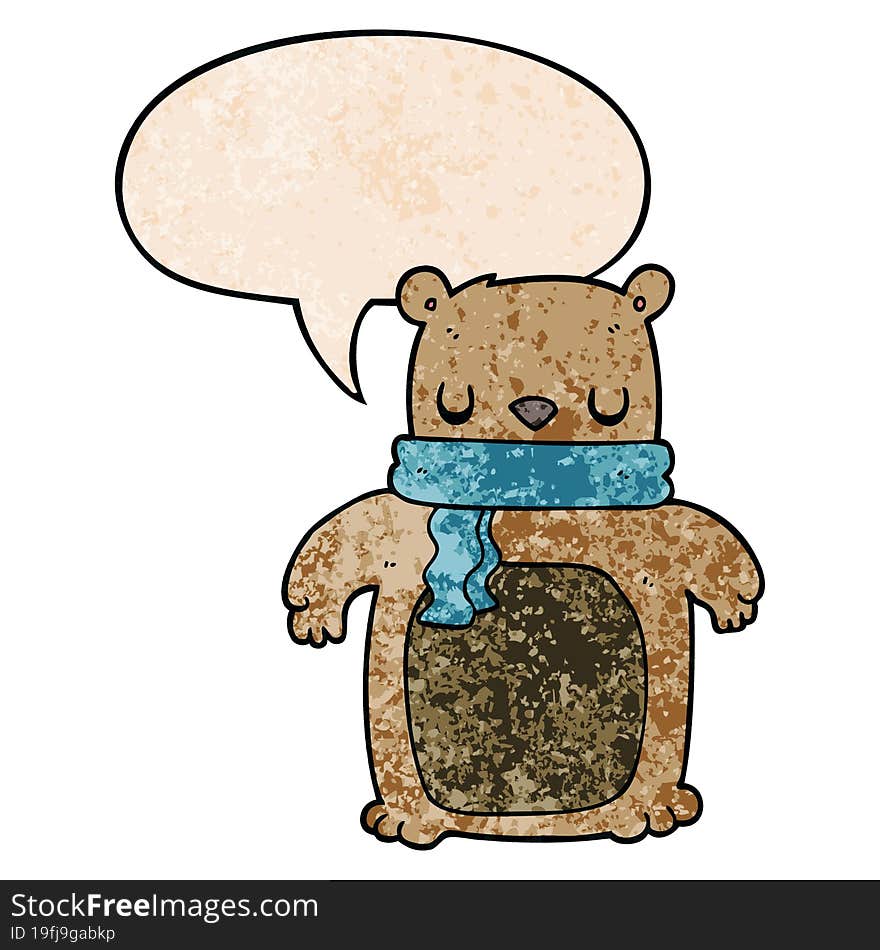 cartoon bear and scarf and speech bubble in retro texture style