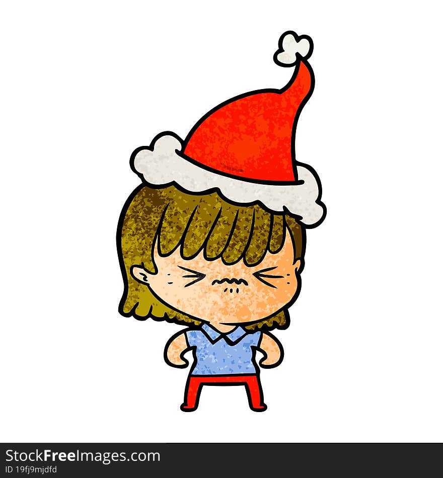 Annoyed Textured Cartoon Of A Girl Wearing Santa Hat