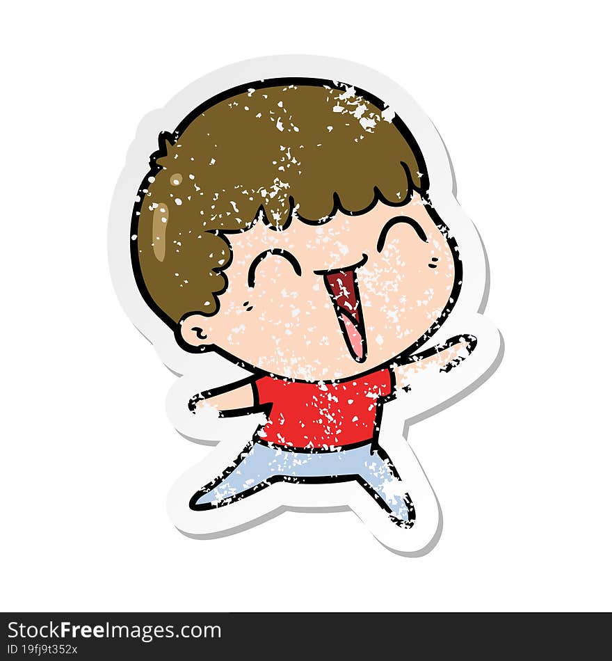 distressed sticker of a cartoon happy man laughing