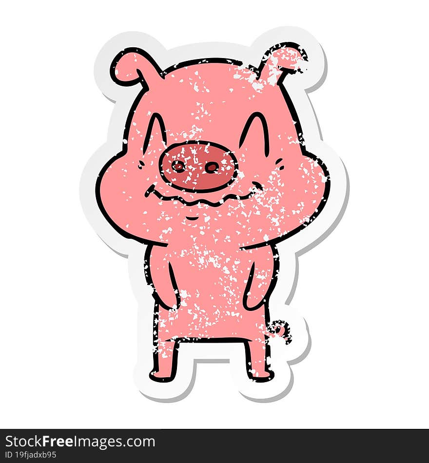 distressed sticker of a nervous cartoon pig