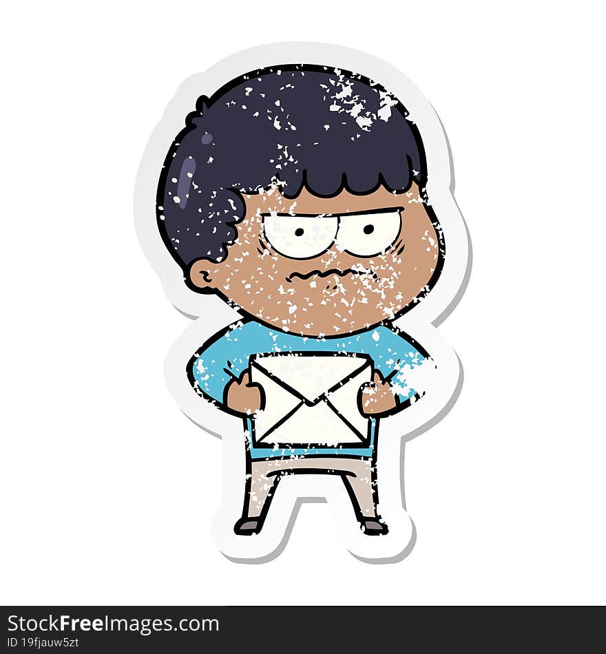 distressed sticker of a cartoon annoyed man