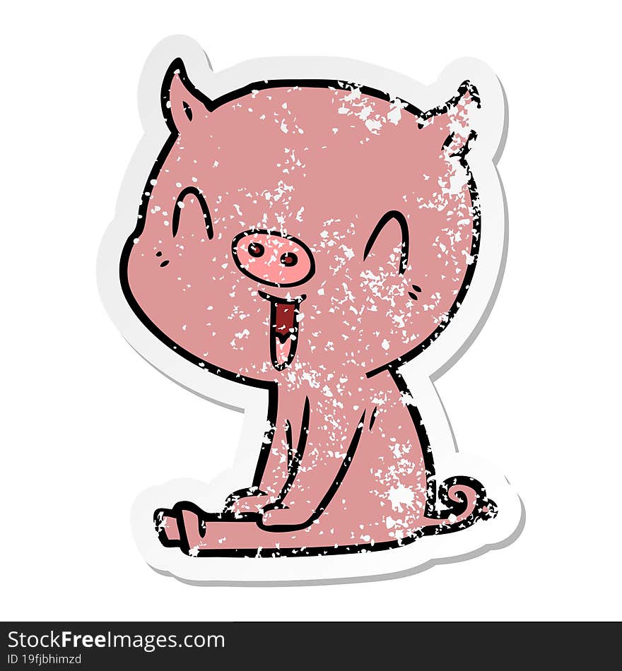 distressed sticker of a happy cartoon pig sitting