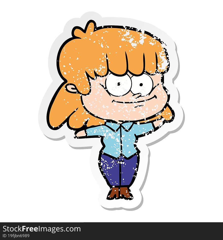 distressed sticker of a cartoon girl smiling