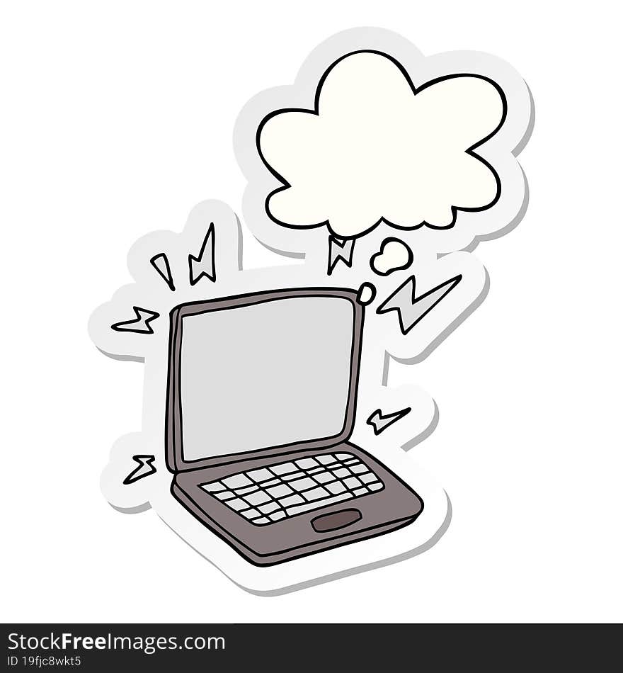 cartoon laptop computer and thought bubble as a printed sticker