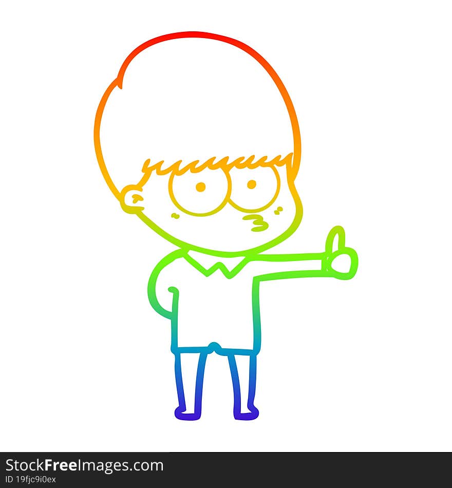 rainbow gradient line drawing curious cartoon boy giving thumbs up sign