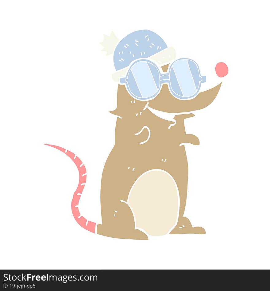 flat color illustration of mouse wearing glasses and hat. flat color illustration of mouse wearing glasses and hat