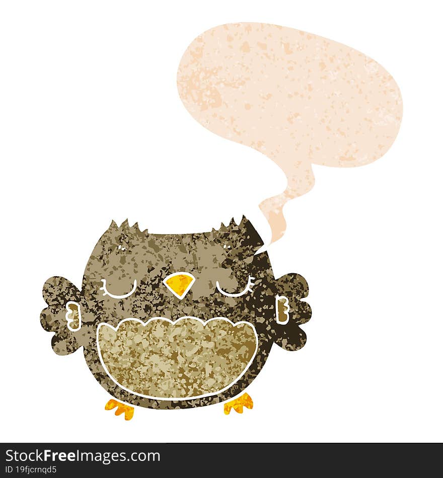 cute cartoon owl and speech bubble in retro textured style