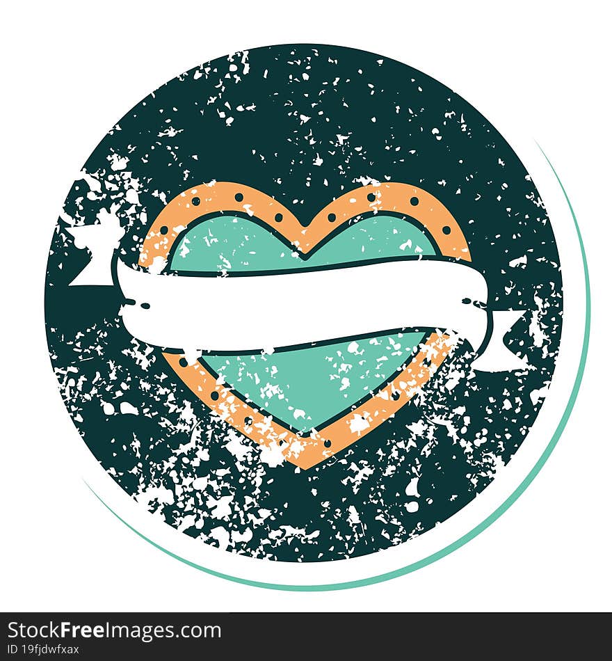 Distressed Sticker Tattoo Style Icon Of A Heart And Banner