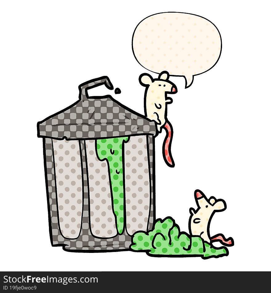 cartoon old metal garbage can and mice and speech bubble in comic book style