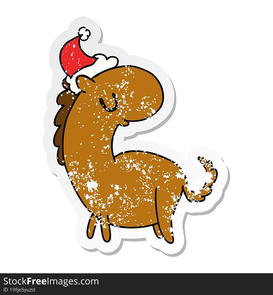 Christmas Distressed Sticker Cartoon Of Kawaii Horse