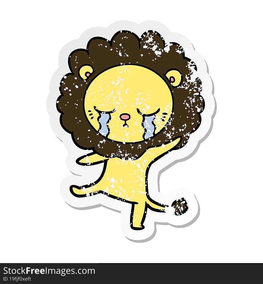 distressed sticker of a crying cartoon lion