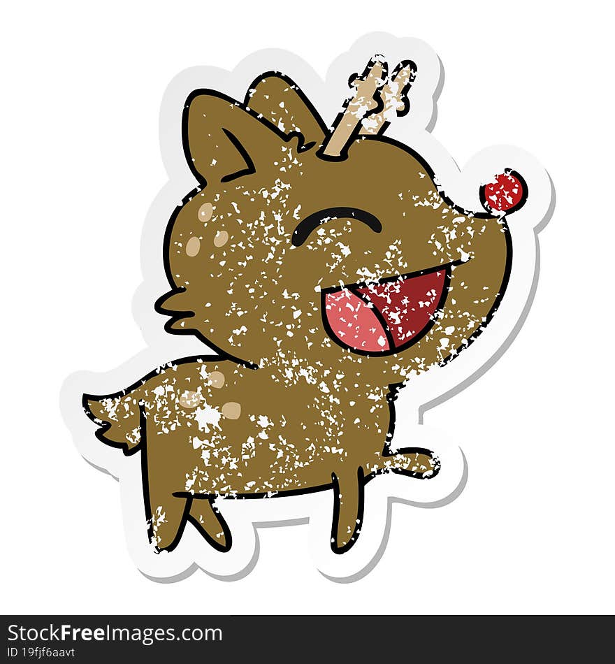 freehand drawn distressed sticker cartoon of cute red nosed reindeer