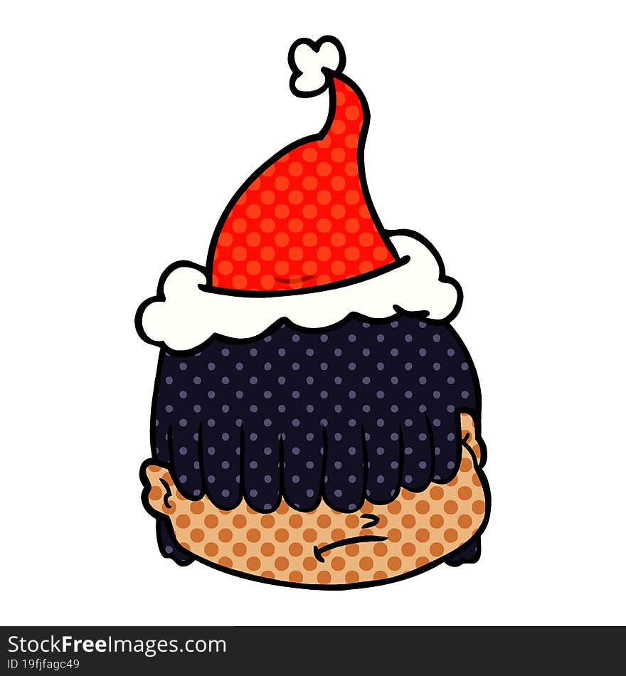 hand drawn comic book style illustration of a face with hair over eyes wearing santa hat