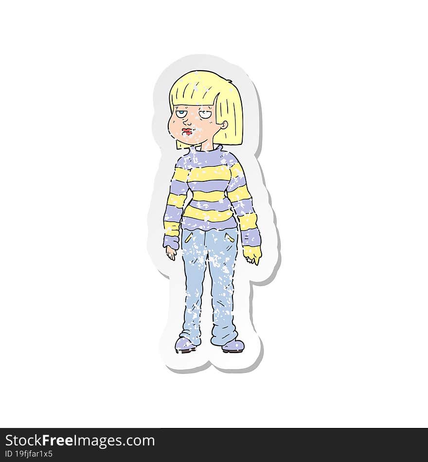 retro distressed sticker of a cartoon woman in casual clothes