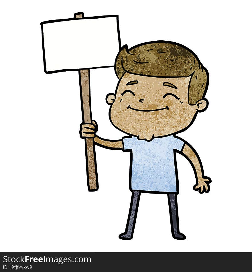 happy cartoon man with placard. happy cartoon man with placard