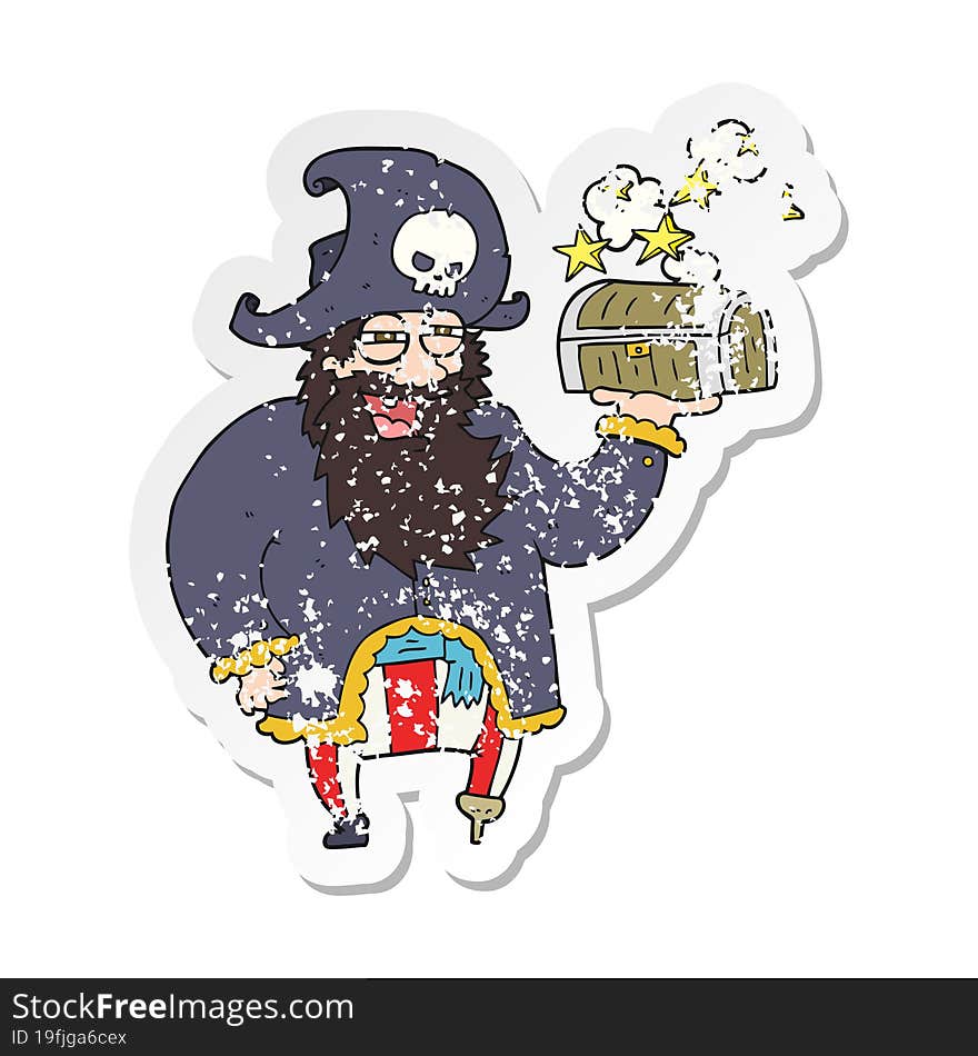 retro distressed sticker of a cartoon pirate captain with treasure chest