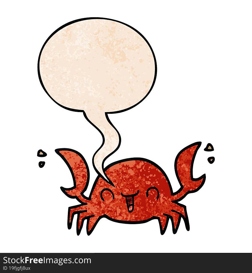 cartoon crab and speech bubble in retro texture style