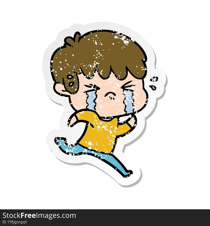 distressed sticker of a cartoon boy crying