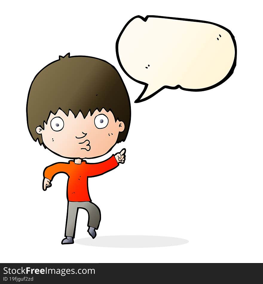 cartoon impressed boy pointing with speech bubble