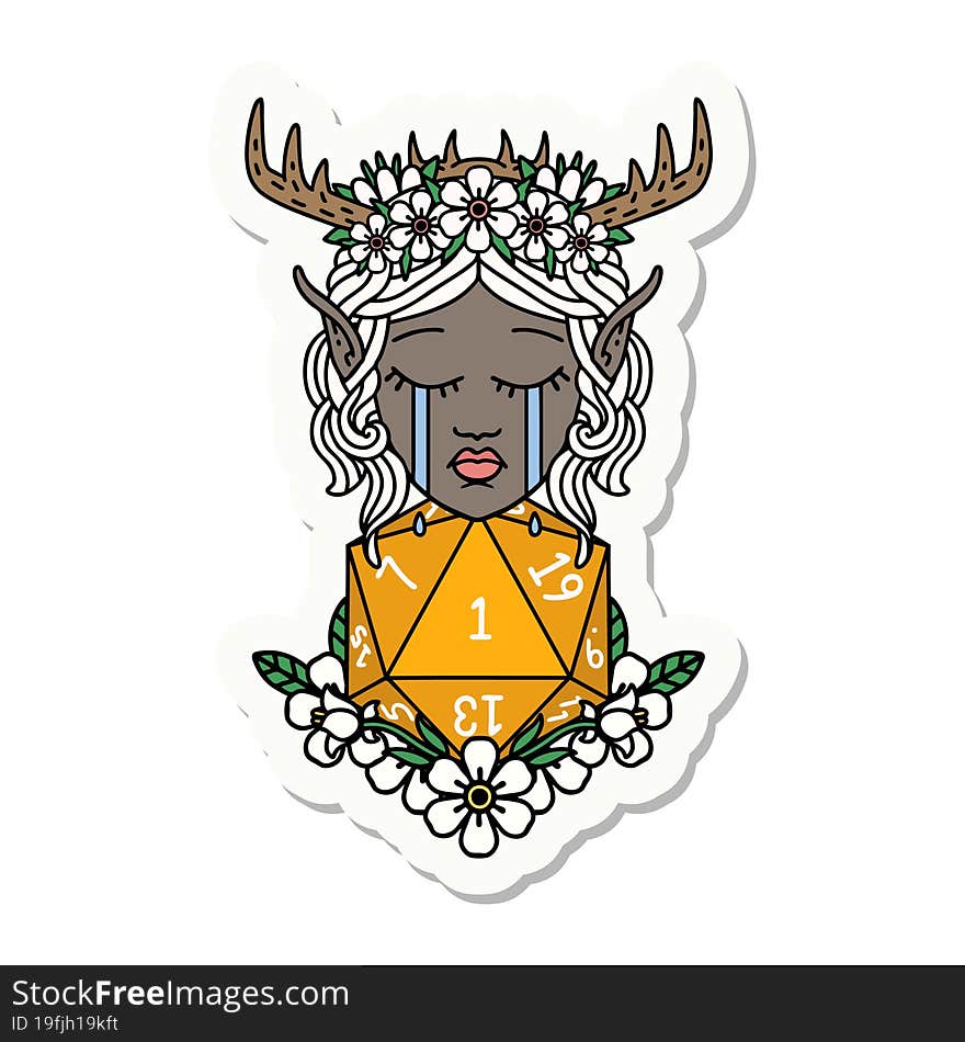 crying elf druid character face with natural one D20 roll sticker