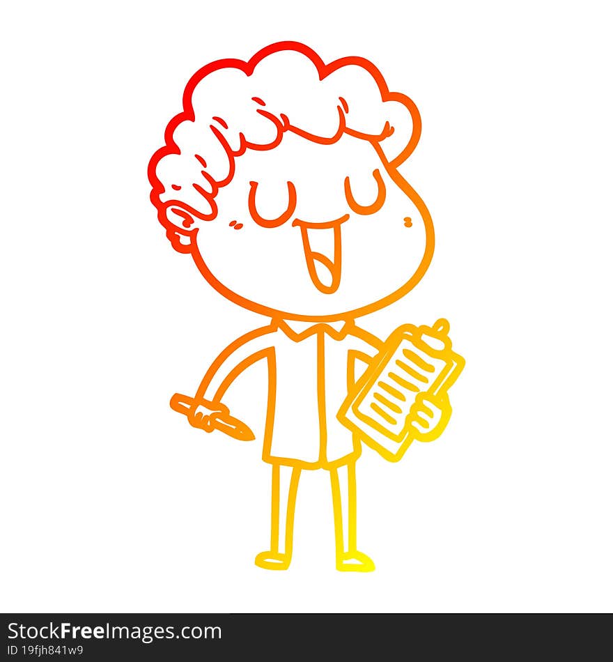 warm gradient line drawing laughing cartoon man with clipboard and pen