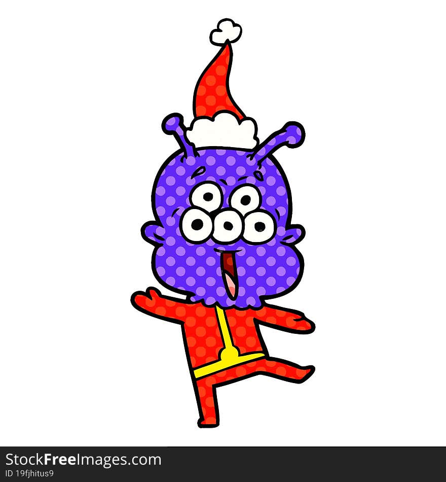 happy comic book style illustration of a alien dancing wearing santa hat